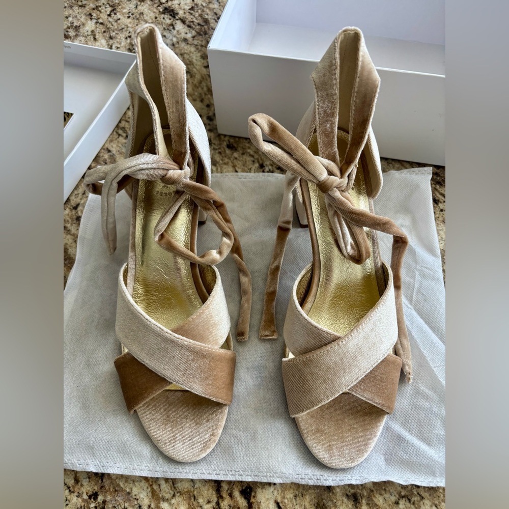 Forever Soles Champagne Velvet Low Block Bridal Heels (Size 10)
